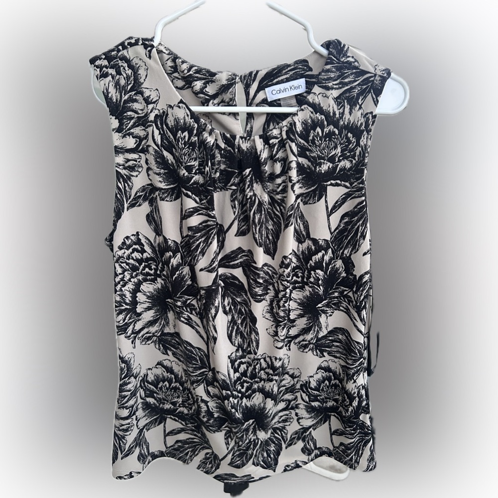 Calvin Klein Cream & Black Floral Sleeveless Top L